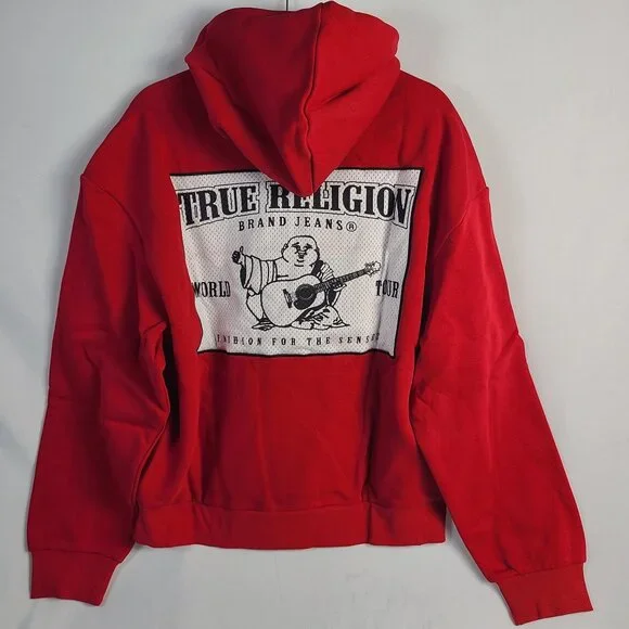 NWT True Religion World Tour Mesh Graphic Pullover Hoodie in Vibrant Red Sz M
